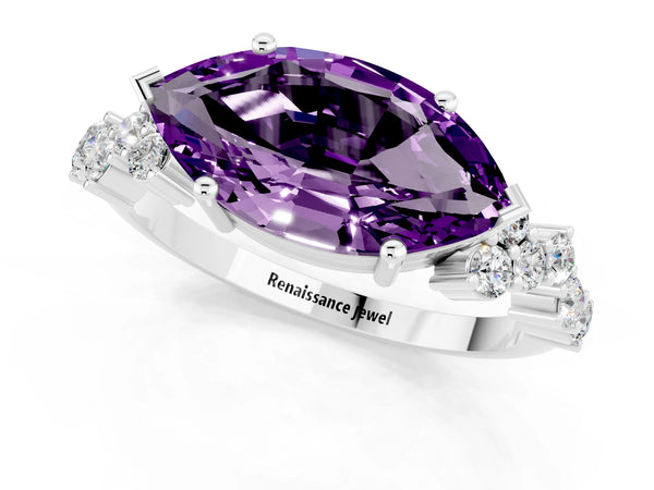 White gold Marquise Cut Amethyst Scattered Round Accent Ring with Prong Setting