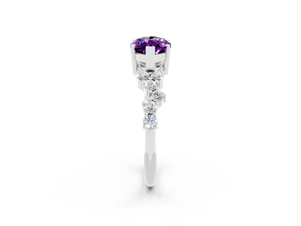 White gold Marquise Cut Amethyst Scattered Round Accent Ring with Prong Setting