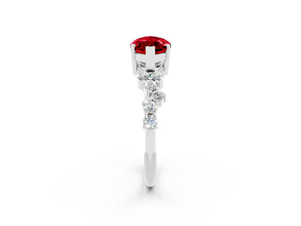 White gold Marquise Cut Ruby Scattered Round Accent Ring with Prong Setting