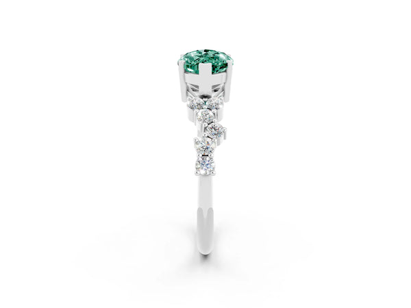 Platinum Marquise Cut Green Sapphire Scattered Round Accent Ring with Prong Setting