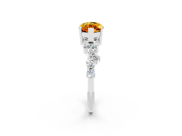 White gold Marquise Cut Citrine Scattered Round Accent Ring with Prong Setting