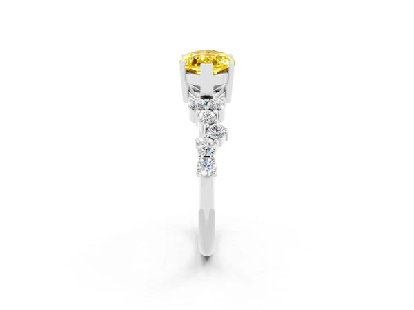 Platinum Marquise Cut Yellow Sapphire Scattered Round Accent Ring with Prong Setting