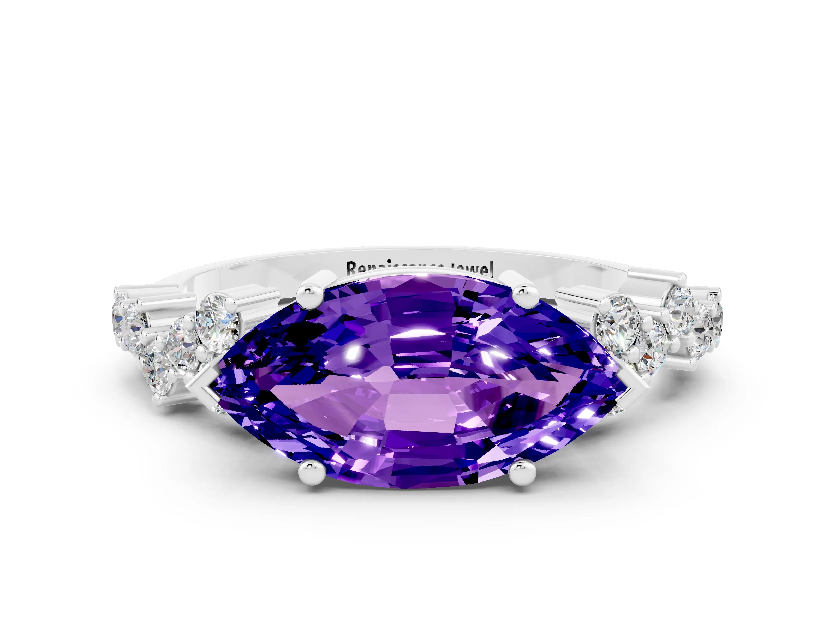 White gold Marquise Cut Diamond Cluster Pavé Band with Four-Prong Setting