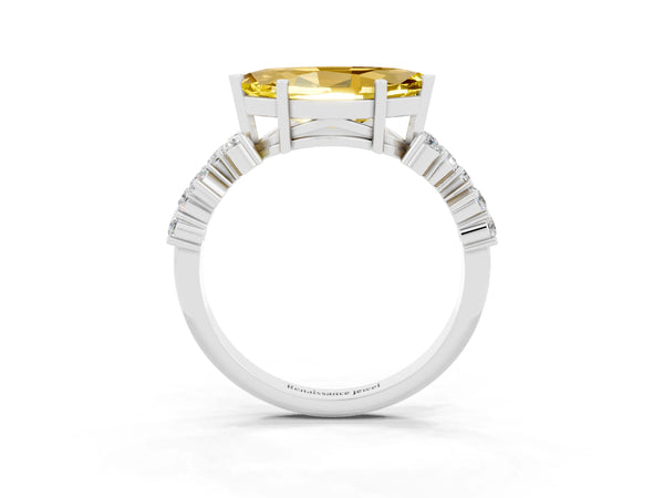 Platinum Marquise Cut Yellow Sapphire Scattered Round Accent Ring with Prong Setting