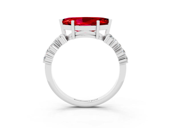 Silver Marquise Cut Ruby Scattered Round Accent Ring with Prong Setting
