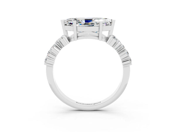 White gold Marquise Cut Moissanite Scattered Round Accent Ring with Prong Setting