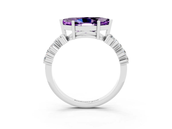 White gold Marquise Cut Amethyst Scattered Round Accent Ring with Prong Setting