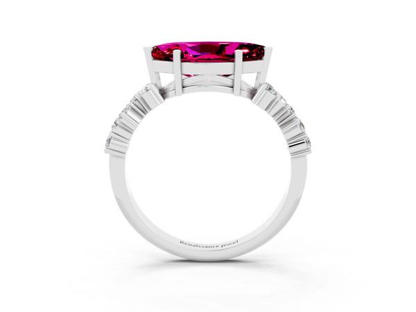 Platinum Marquise Cut Garnet Scattered Round Accent Ring with Prong Setting