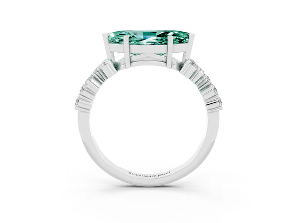 Platinum Marquise Cut Green Sapphire Scattered Round Accent Ring with Prong Setting