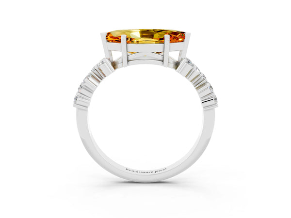 White gold Marquise Cut Citrine Scattered Round Accent Ring with Prong Setting