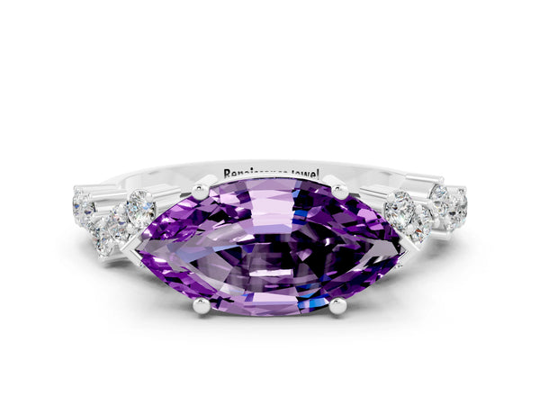 White gold Marquise Cut Amethyst Scattered Round Accent Ring with Prong Setting