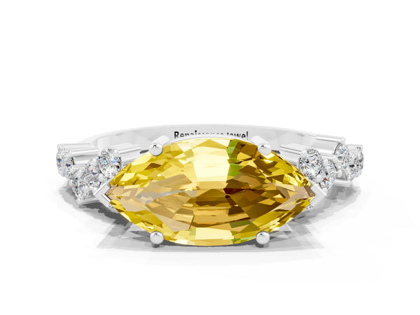 Silver Marquise Cut Yellow Sapphire Scattered Round Accent Ring with Prong Setting