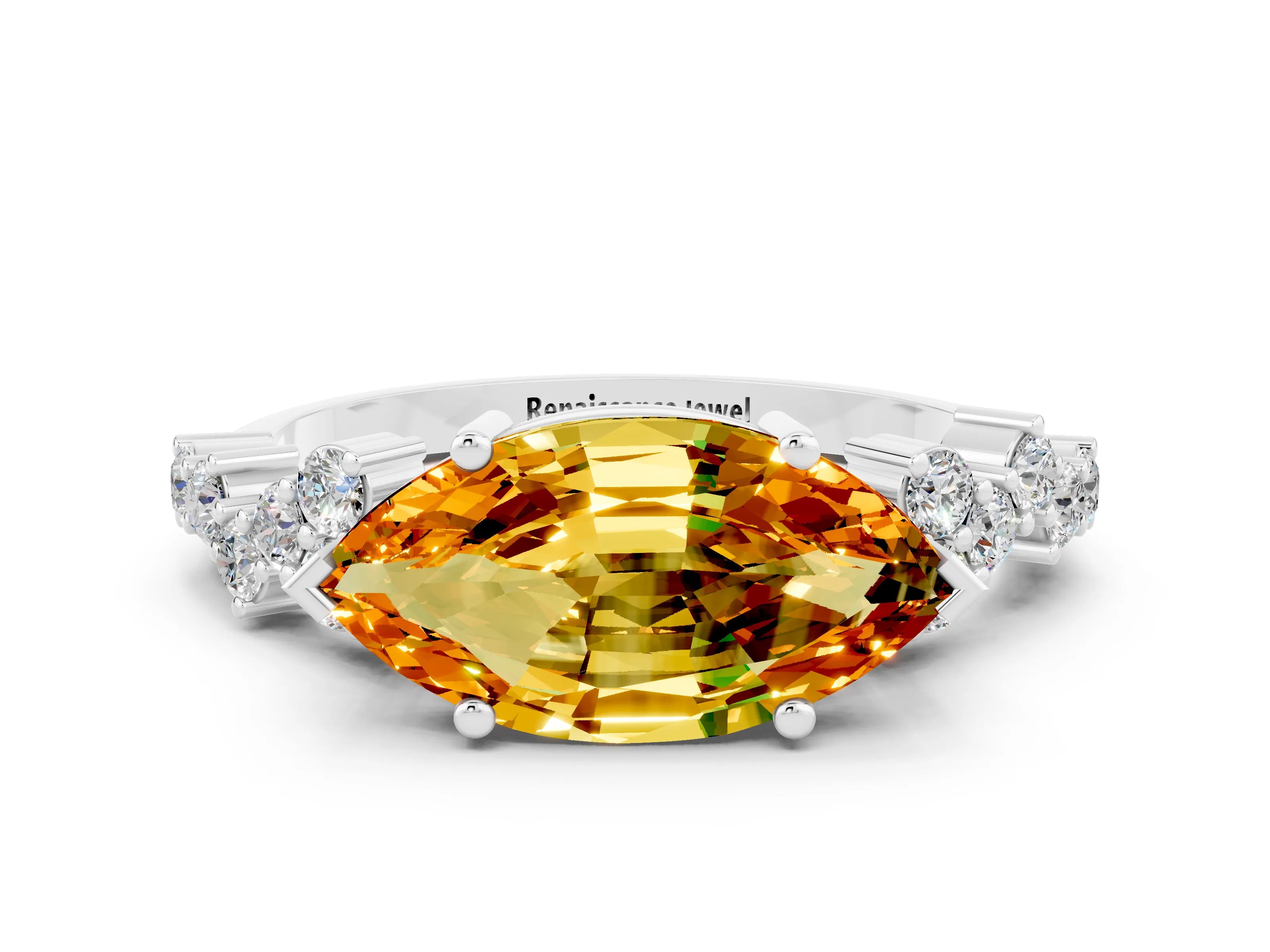 White gold Marquise Cut Diamond Cluster Pavé Band with Four-Prong Setting