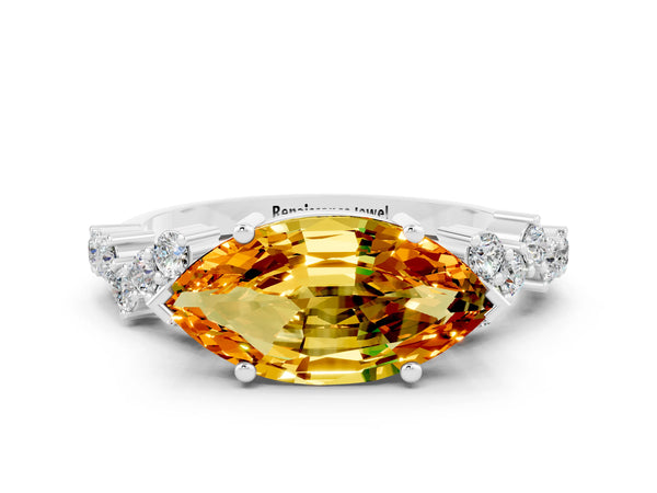 Platinum Marquise Cut Citrine Scattered Round Accent Ring with Prong Setting