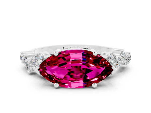 Platinum Marquise Cut Garnet Scattered Round Accent Ring with Prong Setting