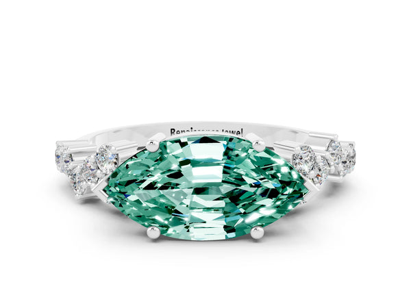 White gold Marquise Cut Green Sapphire Scattered Round Accent Ring with Prong Setting