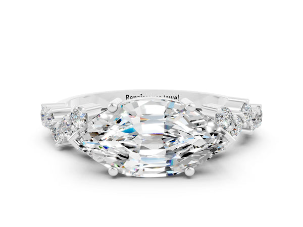 Silver Marquise Cut Moissanite Scattered Round Accent Ring with Prong Setting