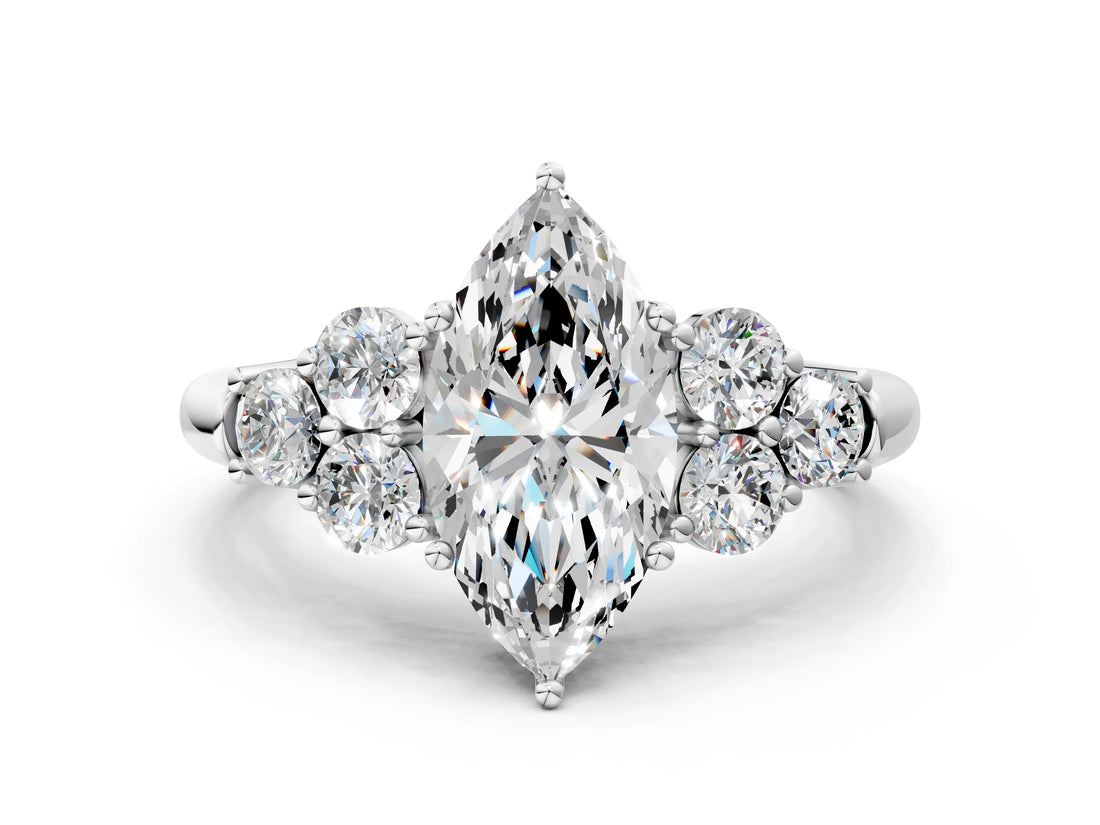 White gold Marquise Cut Diamond Cluster Ring with Round Accent Stones and Prong Setting on a Classic Band_131