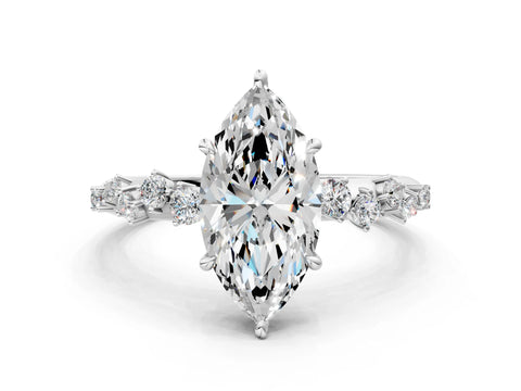 Silver 0.50 Carat D VVS2 Marquise Diamond Cluster Side Stone Solitaire Ring with Prong Setting