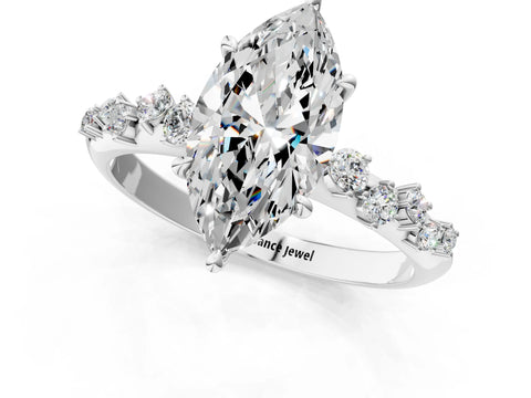 Silver 0.53 Carat E VVS2 Marquise Diamond Cluster Side Stone Solitaire Ring with Prong Setting