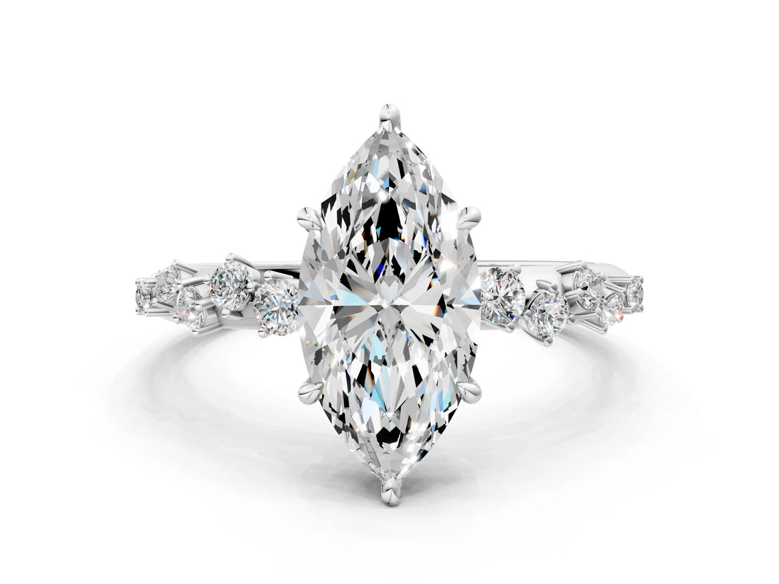 14K White Gold 2.06 Carat E VVS2 Marquise Diamond Cluster Side Stone Solitaire Ring with Prong Setting