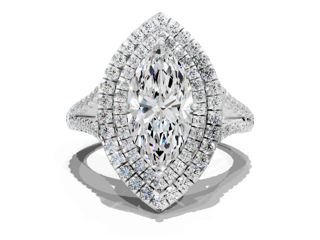 White gold Marquise Cut Diamond Double Halo Ring with Pavé Band and Prong Setting_173