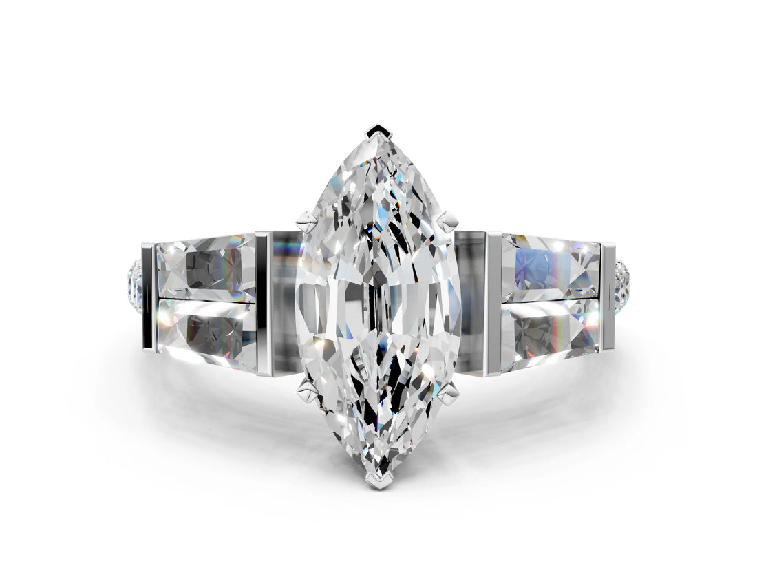 White gold Marquise Cut Diamond Engagement Ring with Baguette Side Stones and Channel Set Band_40