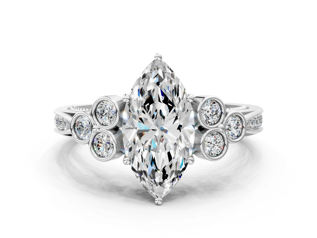 White gold Marquise Cut Diamond Engagement Ring with Bezel Set Round Side Stones and Prong Setting_72