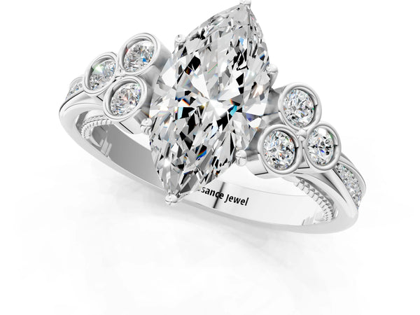 Platinum Marquise Vintage Engagement Ring Setting with Bezel-Set Shoulder Clusters and Milgrain