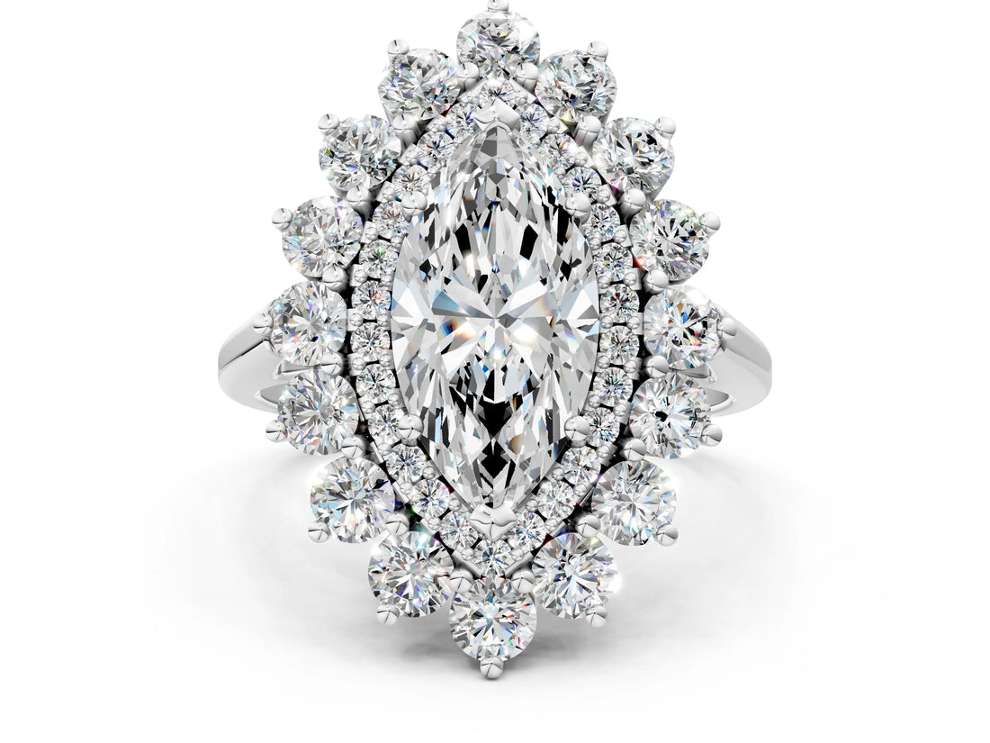 White gold Marquise Cut Diamond Floral Double Halo Engagement Ring with Prong Setting_103