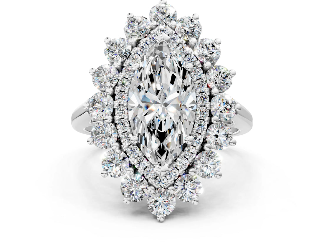 White gold Marquise Cut Diamond Floral Double Halo Engagement Ring with Prong Setting_43