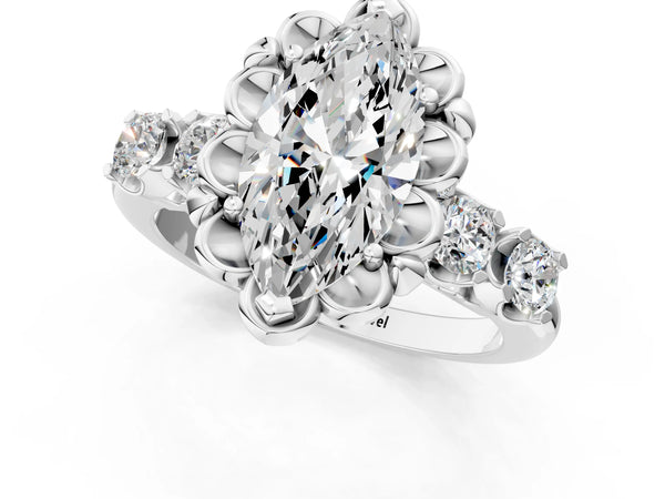 White gold Marquise Cut Diamond Floral Halo Engagement Ring with Shared Prong Setting