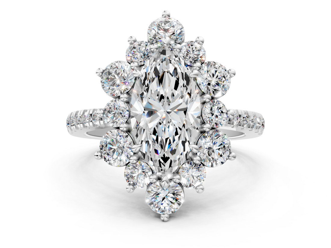 White gold Marquise Cut Diamond Floral Halo Pave Band with Prong Setting_34