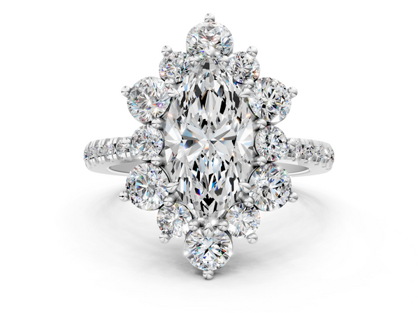 White gold Marquise Cut Diamond Floral Halo Pave Band with Prong Setting
