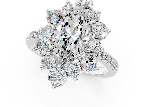 White gold Marquise Cut Diamond Floral Halo Pave Band with Prong Setting