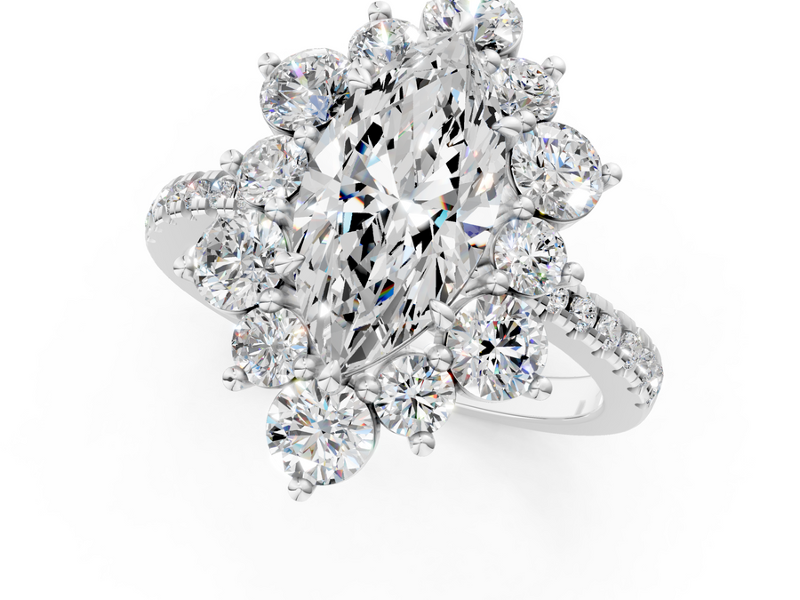 White gold Marquise Cut Diamond Floral Halo Pave Band with Prong Setting