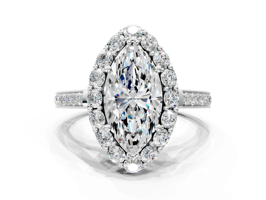 White gold Marquise Cut Diamond Floral Halo Ring with Pavé Band and Prong Setting_10