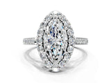 White gold Marquise Cut Diamond Floral Halo Ring with Pavé Band and Prong Setting_10