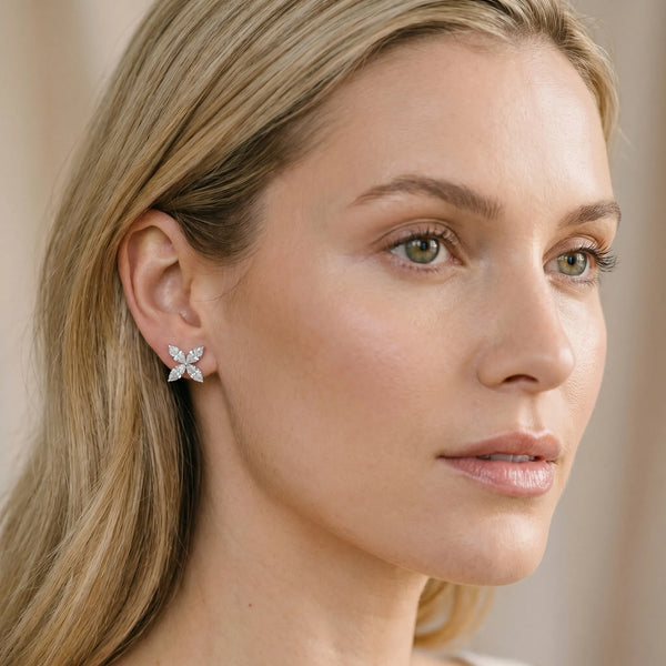 Silver Marquise Cut Diamond Flower Stud Earrings