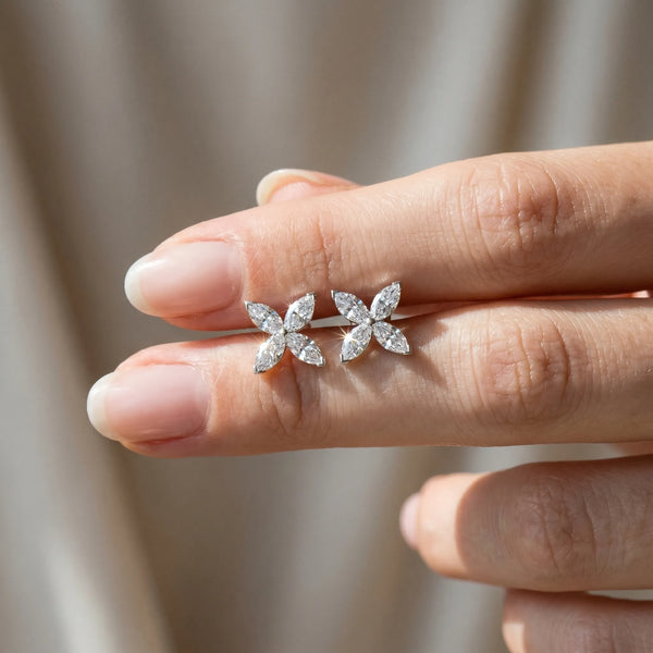 White gold Marquise Cut Diamond Flower Stud Earrings