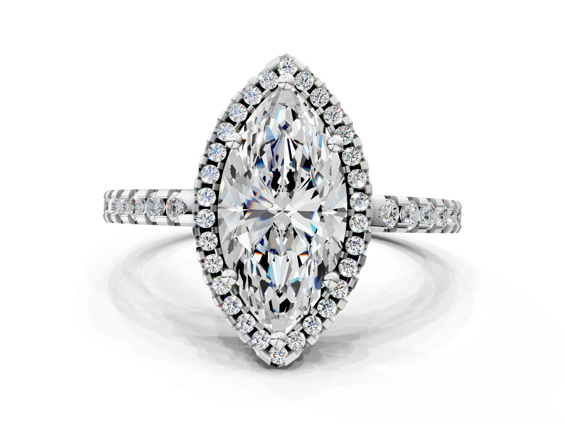 White gold Marquise Cut Diamond Halo Engagement Ring with Pavé Band and Prong Setting_27