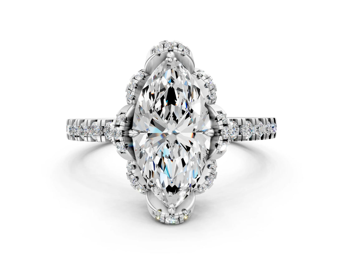 White gold Marquise Cut Diamond Halo Pave Band with Four-Prong Setting_3