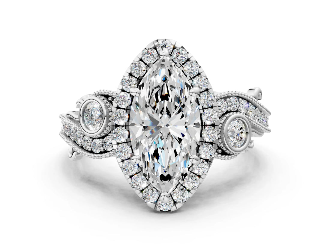 White gold Marquise Cut Diamond Halo Ring with Milgrain Pavé Band and Four-Prong Setting_94