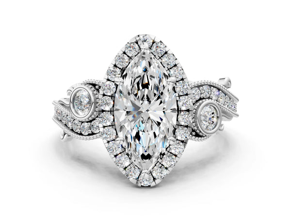 Sterling Silver Marquise Halo Engagement Ring Setting with Bezel Accents