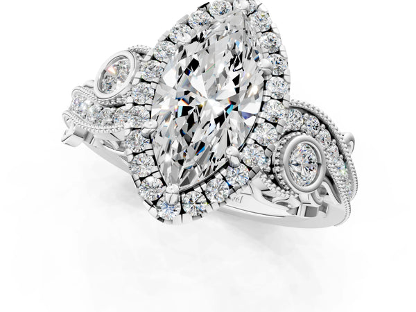 Sterling Silver Marquise Halo Engagement Ring Setting with Bezel Accents