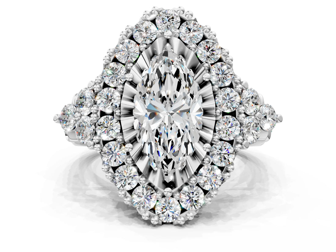 White gold Marquise Cut Diamond Halo Ring with Pavé Band and Four-Prong Setting_63