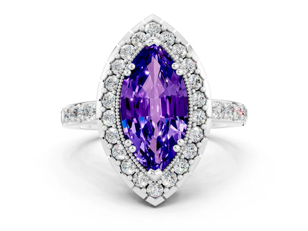 Platinum Marquise Cut Tanzanite Halo Ring with Pavé Band and Prong Setting