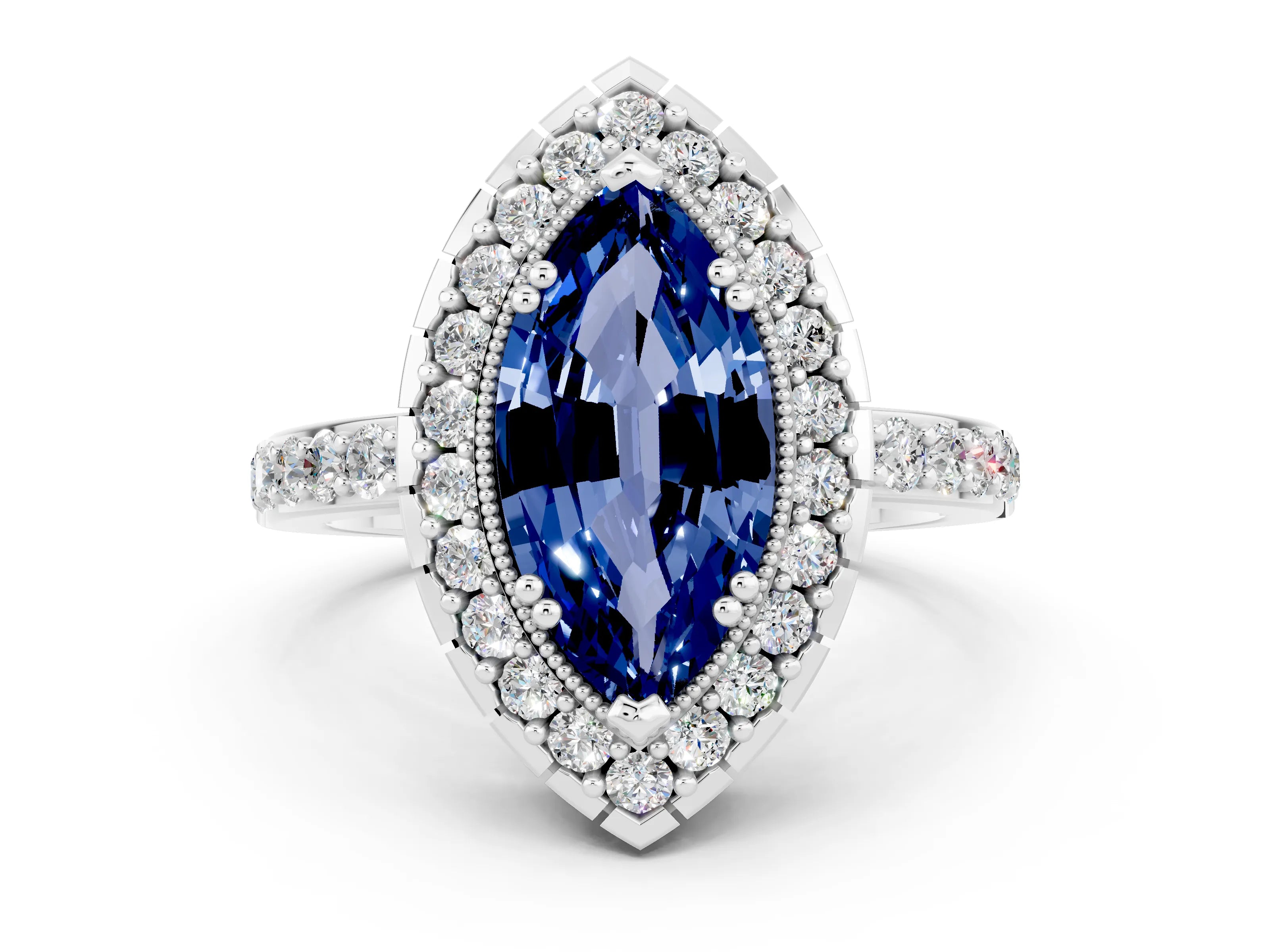 White gold Marquise Cut Diamond Halo Ring with Pavé Band and Prong Setting