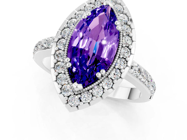 Platinum Marquise Cut Tanzanite Halo Ring with Pavé Band and Prong Setting