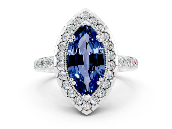 White gold Marquise Cut Blue Sapphire Halo Ring with Pavé Band and Prong Setting